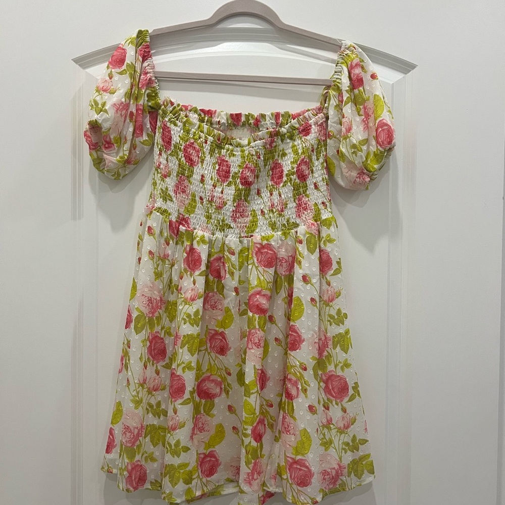 Betsey Johnson Pink Floral Off-Shoulder Smocked Mini Dress - Picture 3 of 4